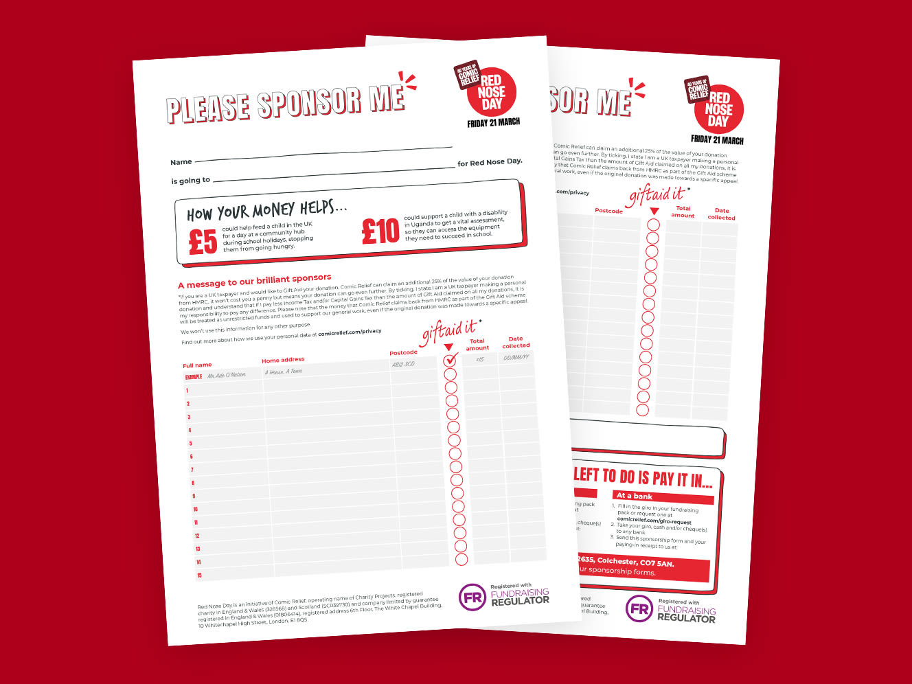 Image of Red Nose Day 2025 sponsorship form on a red background