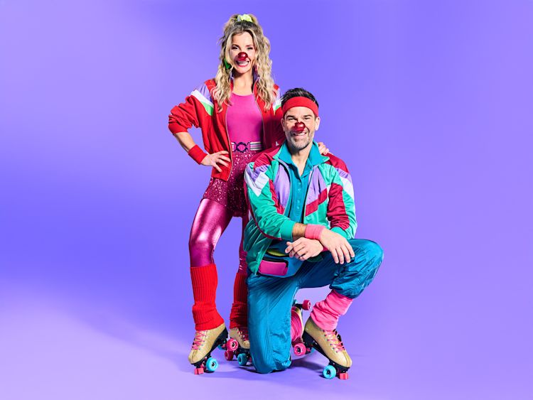 Helen Skelton and Gethin Jones wearing their retro skaters' clothes