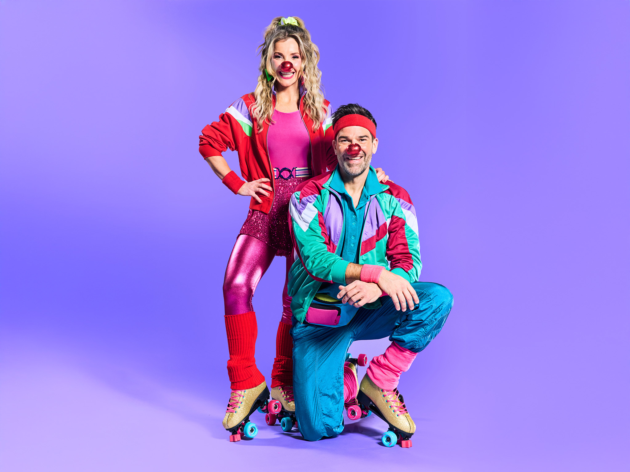 Helen Skelton and Gethin Jones wearing their retro skaters' clothes