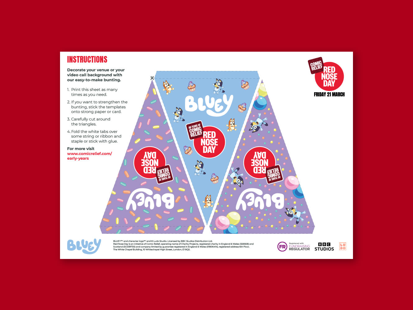 Image of Red nose Day 2025 Bluey-themed bunting on a red background