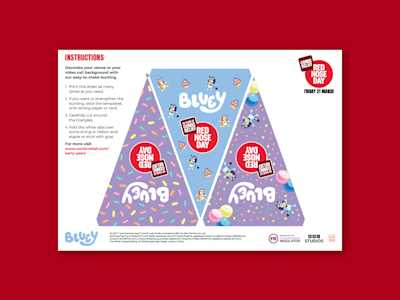 Image of Red nose Day 2025 Bluey-themed bunting on a red background