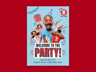 Image of Red Nose Day fundraising guide for primary schools on a red background