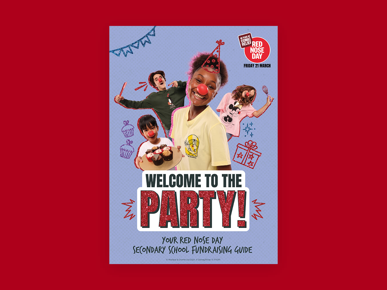 Cover of the red nose day secondary school fundraising guide on a red bakcground