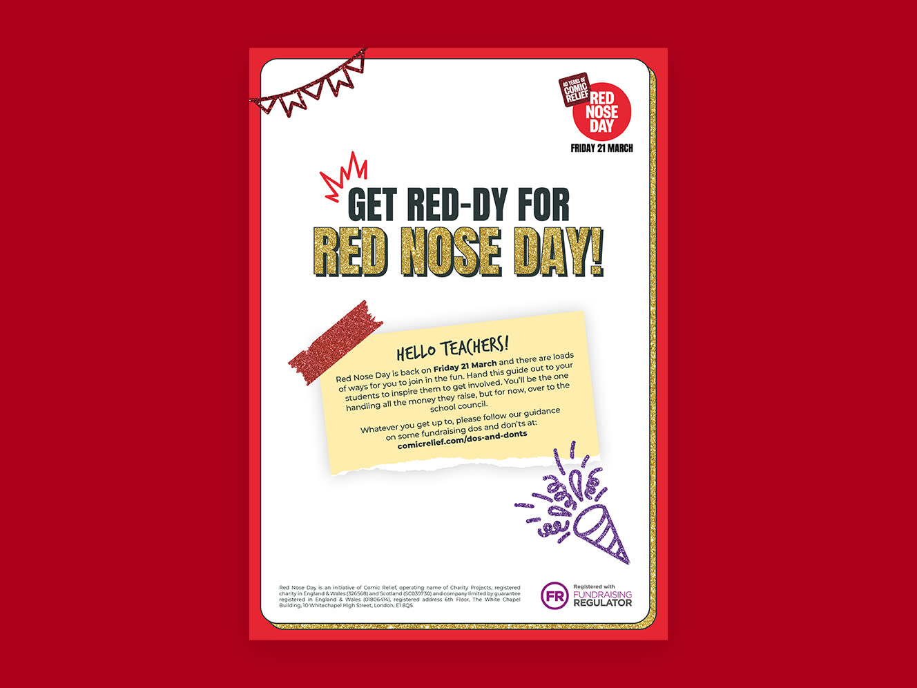 Cover of the Red Nose Day School Council guide on a red background