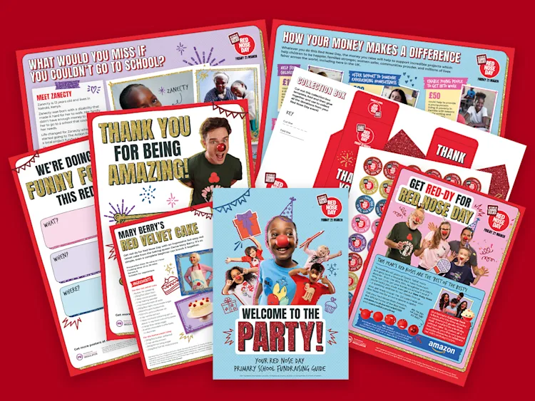 Image of Red Nose Day Primary school fundraising pack items on a red background