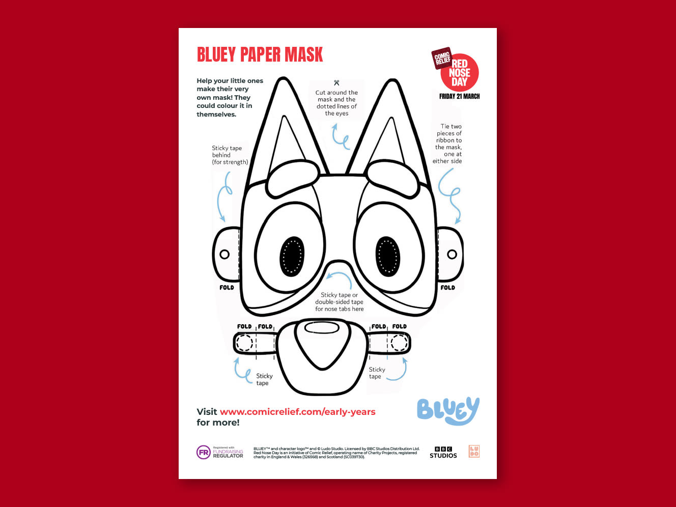 Template of Bluey Paper Mask on a red background