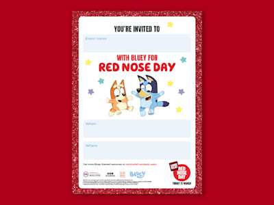 Image of Red Nose Day Early Years event poster featuring Bluey and friend on a red background