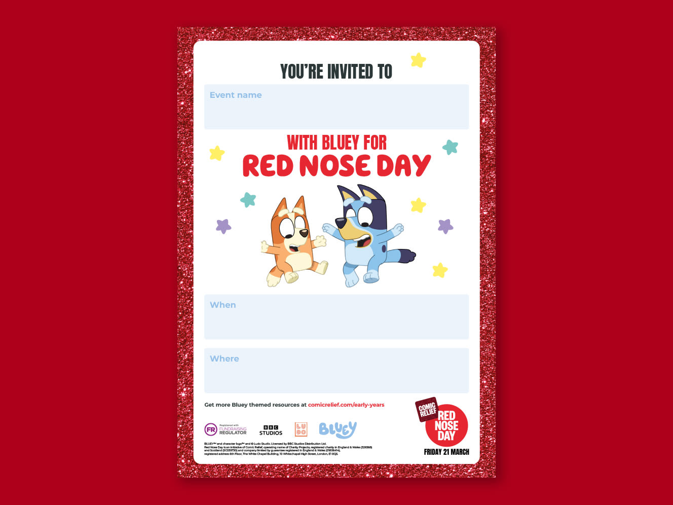 Image of Red Nose Day Early Years event poster featuring Bluey and friend on a red background