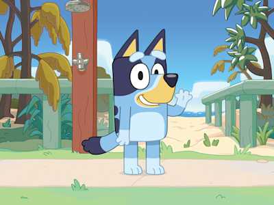 Cartoon character Bluey out on a walk