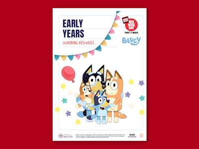 Image of Early years learning resources featuring Bluey and family on a red background