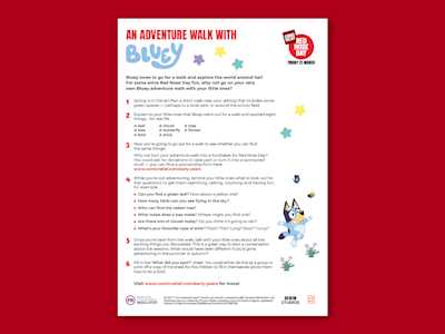 Image of Red Nose Day Early Years Bluey Adventure walk guide on a red background