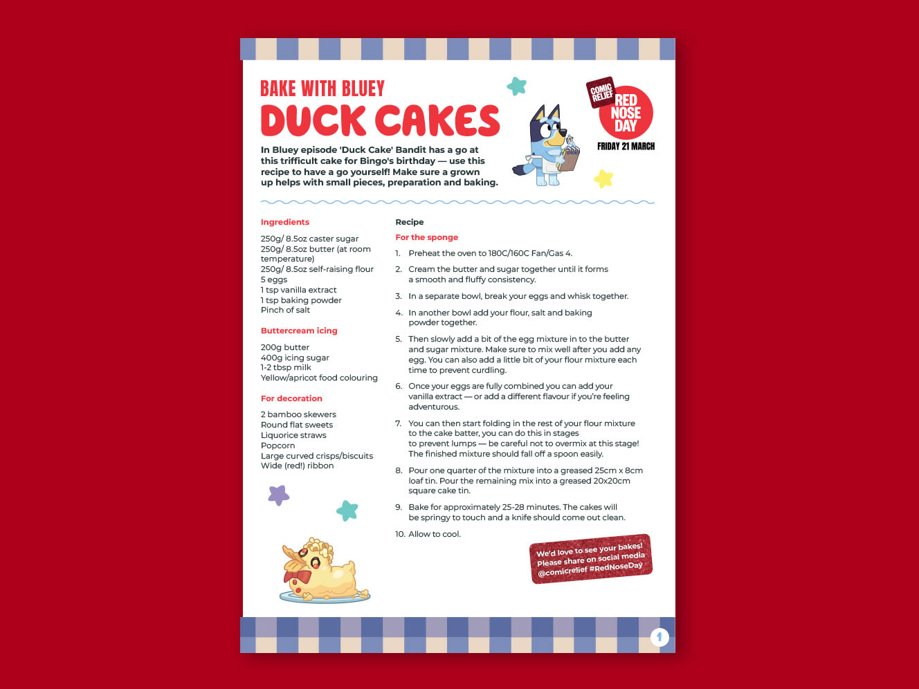 Comic relief recipe card for duck cakes