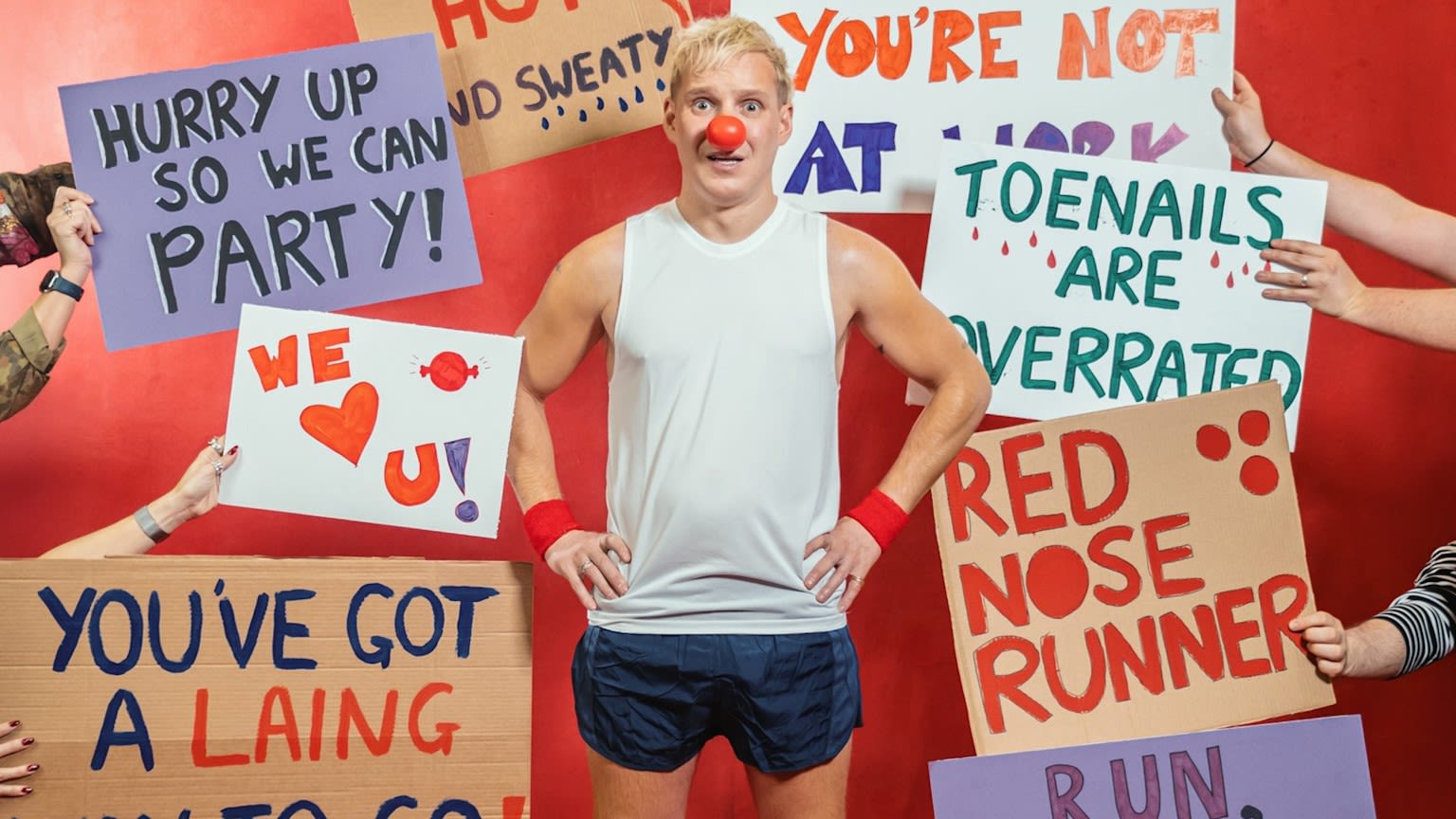 BBC Radio 1's Jamie Laing posing for Red Nose Day challenge