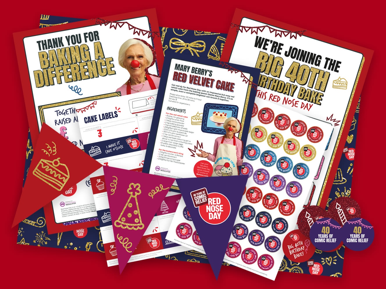 A selection of bunting, recipe cards and labels from the Red Nose Day bake it