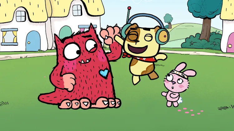 Love Monster high-fiving a dog wearing headphones while a surprised bunny looks on.