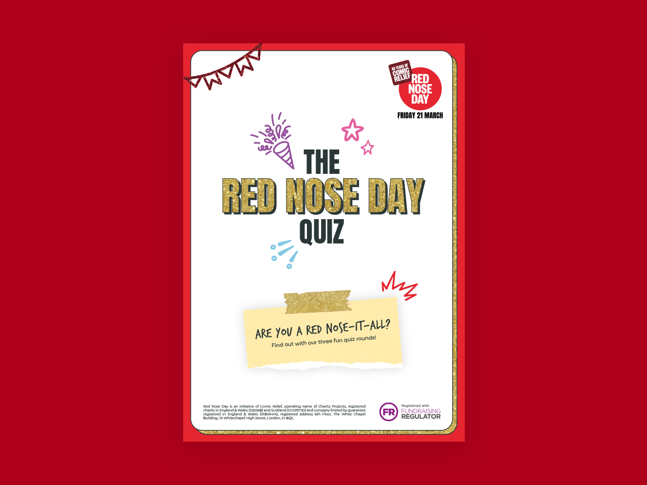 Image of Red Nose Day Secondary School Quiz learning resource on a red background