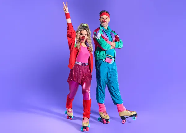 BBC Morning Live’s Gethin Jones and Helen Skelton in their retro skating clothes
