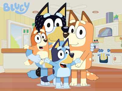 Animated character Bluey and her family members