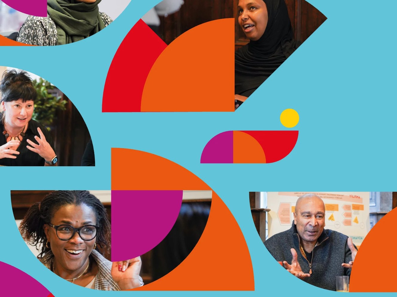 Collage of Global Majority Fund partners in conversation, framed by orange, red and purple shapes on a blue background