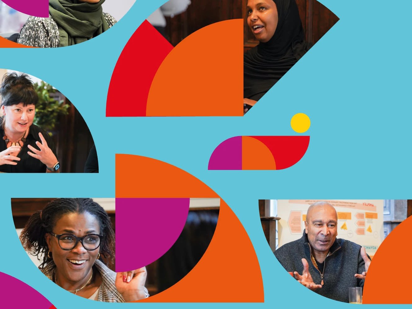 Collage of Global Majority Fund partners in conversation, framed by orange, red and purple shapes on a blue background
