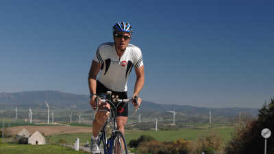 James Cracknell cycling during his Sport Relief challenge