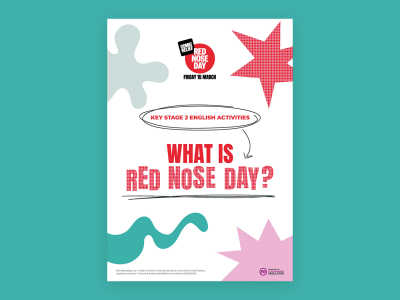 Key Stage 2 English Activities booklet titled 'What is Red Nose Day?' for Red Nose Day 2024.