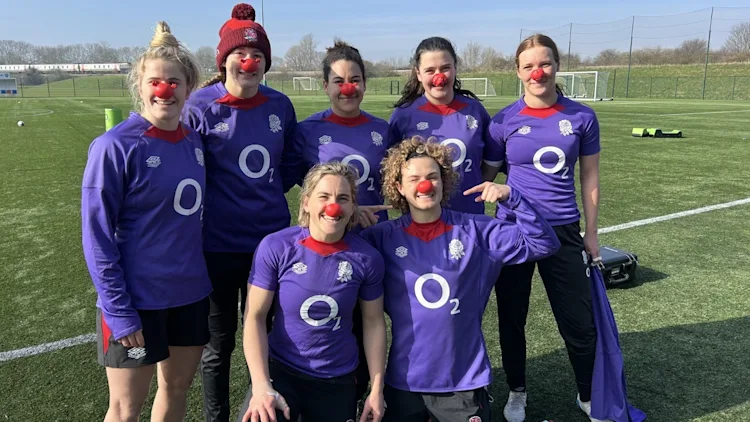 Members of the England Women's rugby team wearing red noses