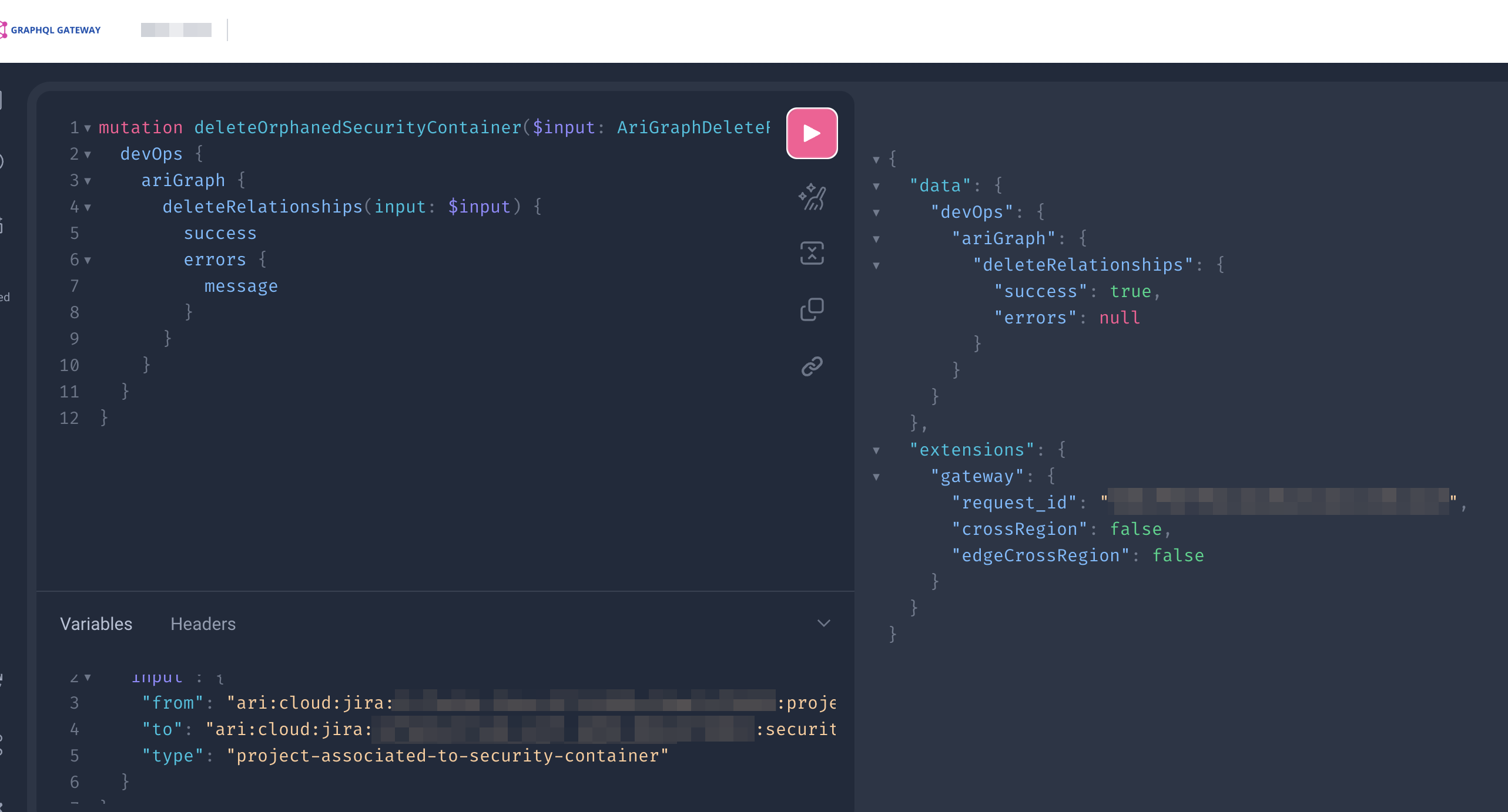 The graphql gateway displays the input and return data for your request