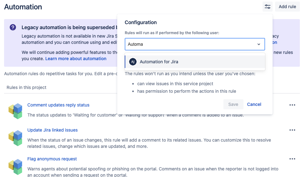 Legacy Automation user selector in a Service Management project