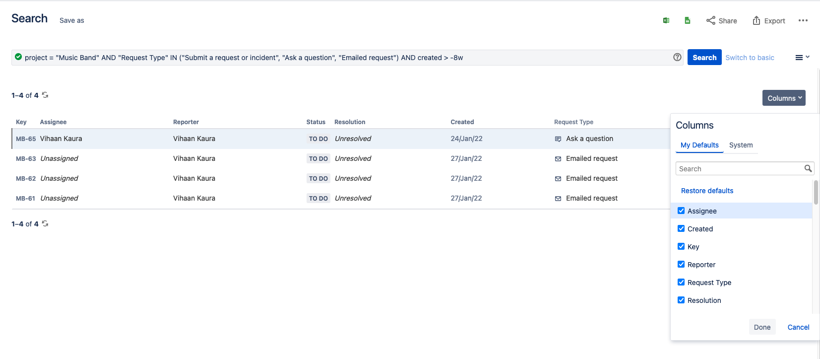 JQL search column selector in Jira