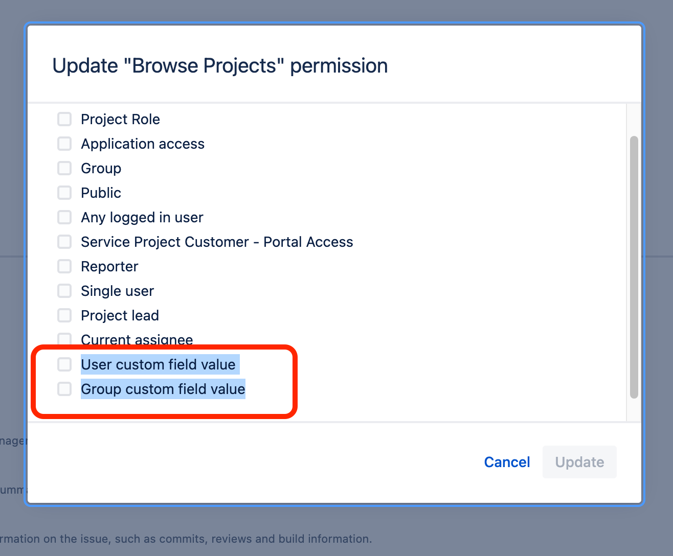 browse projects permission pop-up. the user custom field value and group custom field value options are highlighted