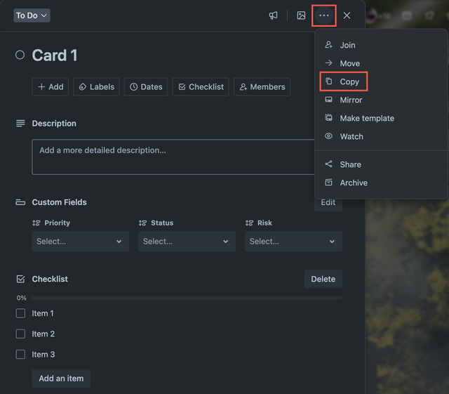 Selecting the copy button to copy a card
