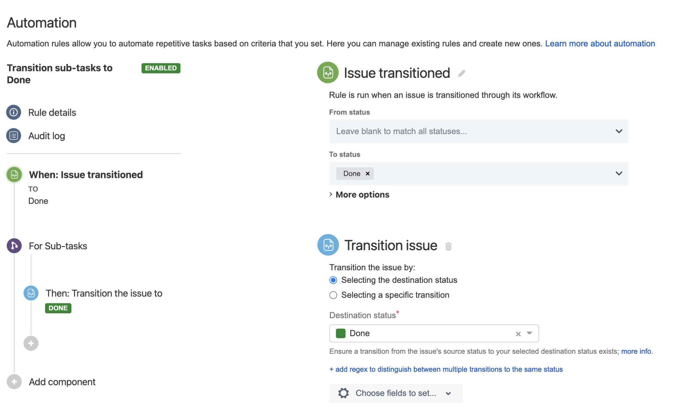 Automatically close sub-tasks from a parent issue using automation for jira