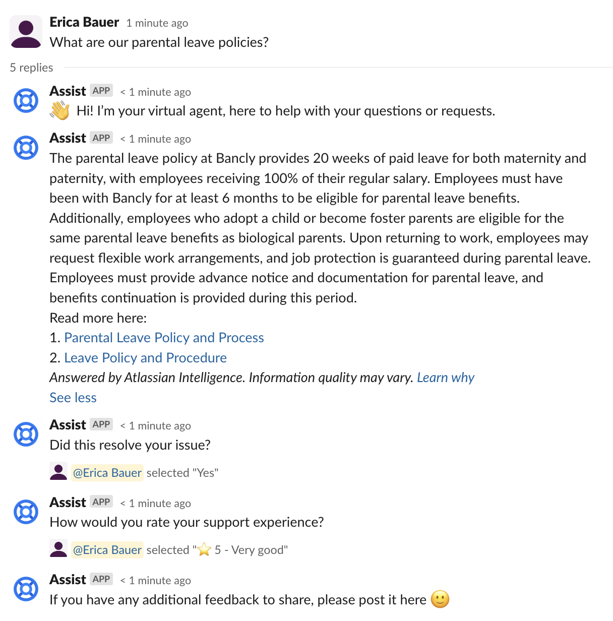 AI による回答を使用してユーザーの質問を解決する Slack スレッド。