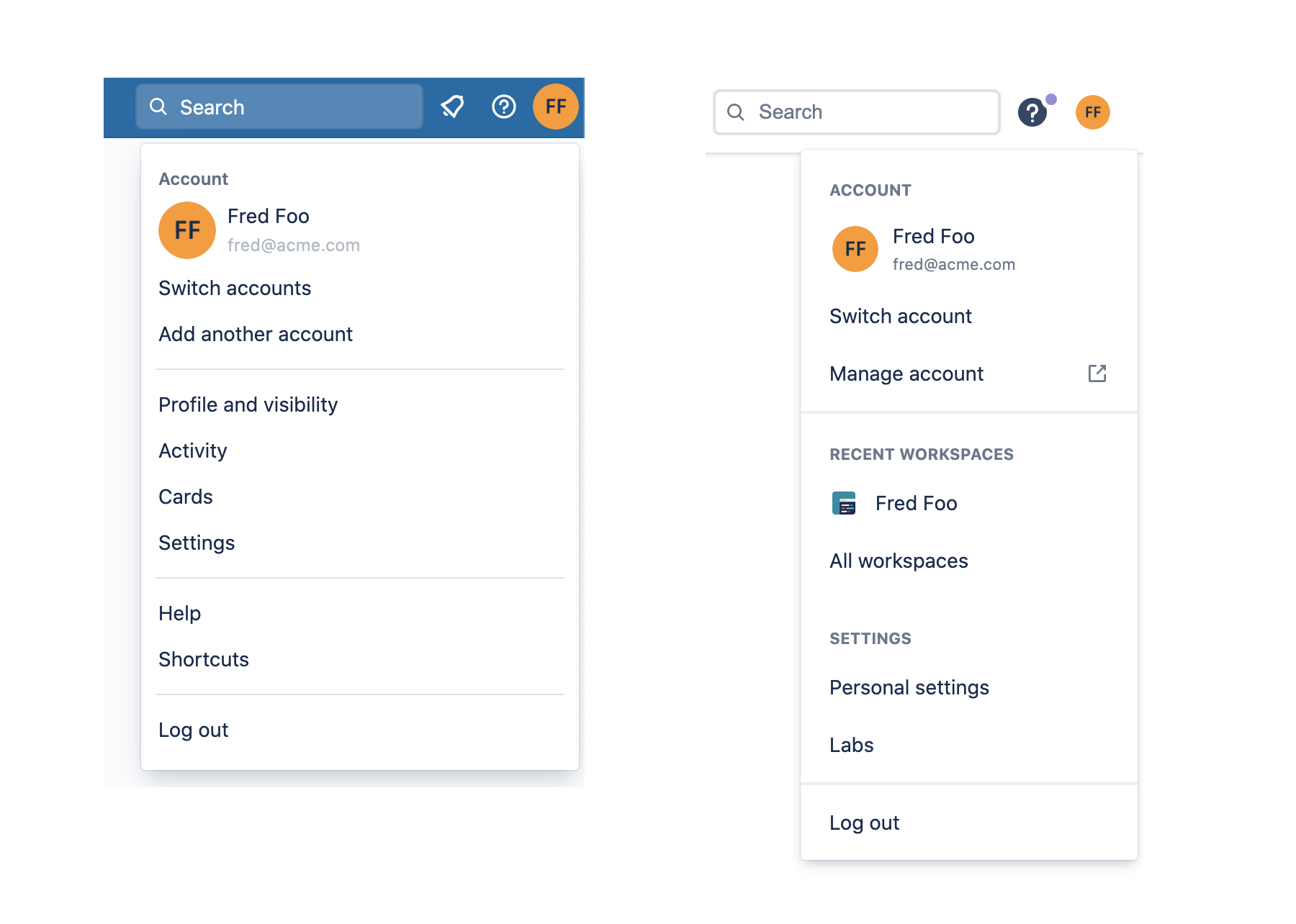 Trello と Bitbucket のナビゲーション メニューでアカウントを切り替える