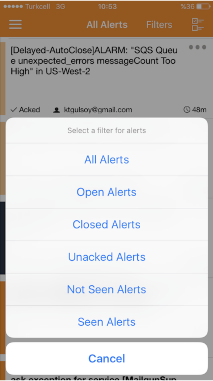 A screenshot of alert filter options in Opsgenie's Blackberry app.