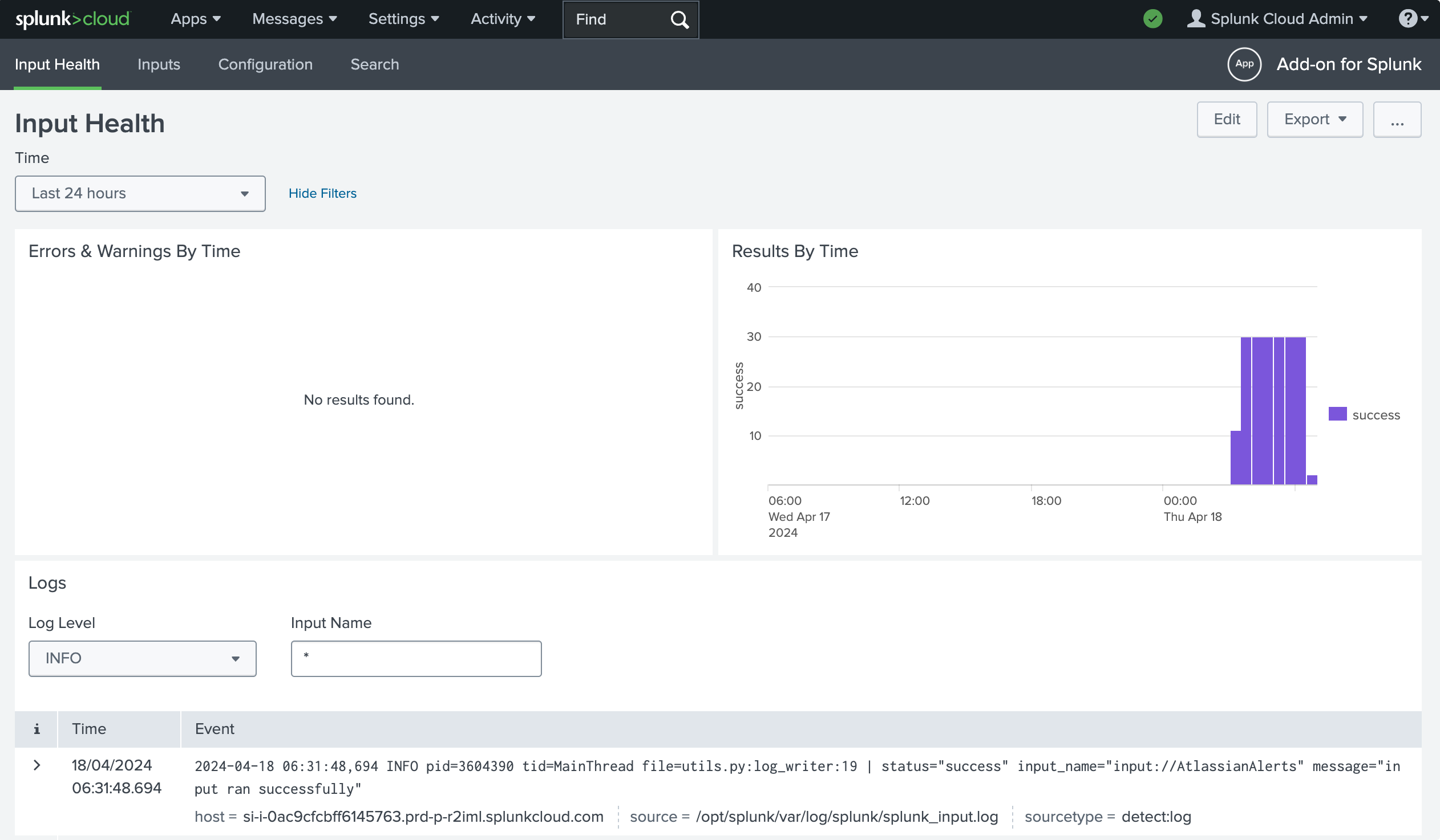 「入力が正常に実行されました」というメッセージが表示されている「Splunk 入力ヘルス」画面