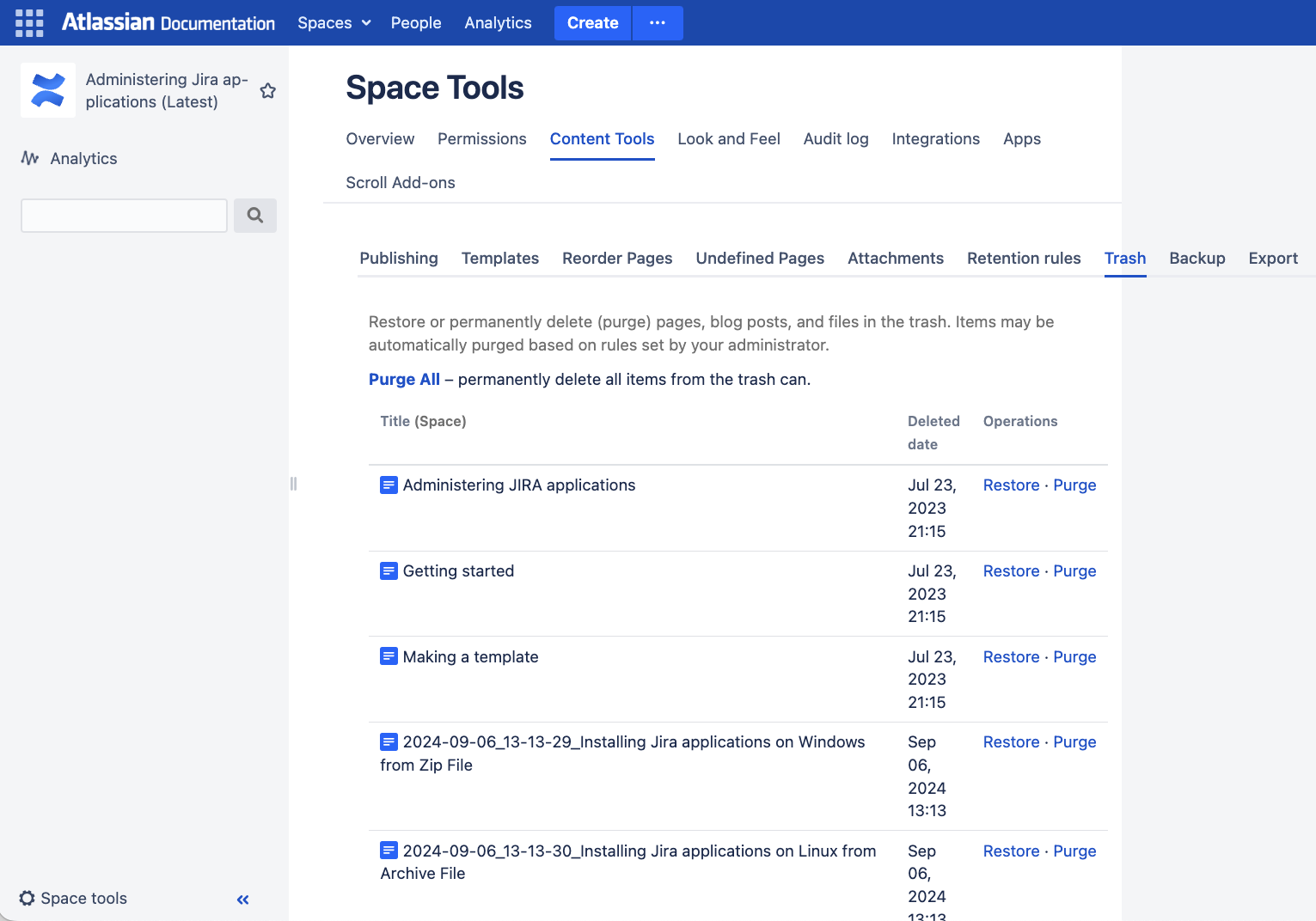 Content Tools view where you can purge the pages from trash.