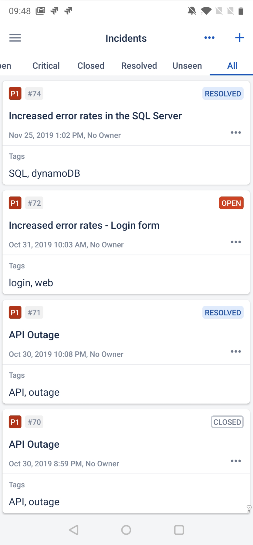 Opsgenie の Android アプリにあるインシデント リストのスクリーンショット。