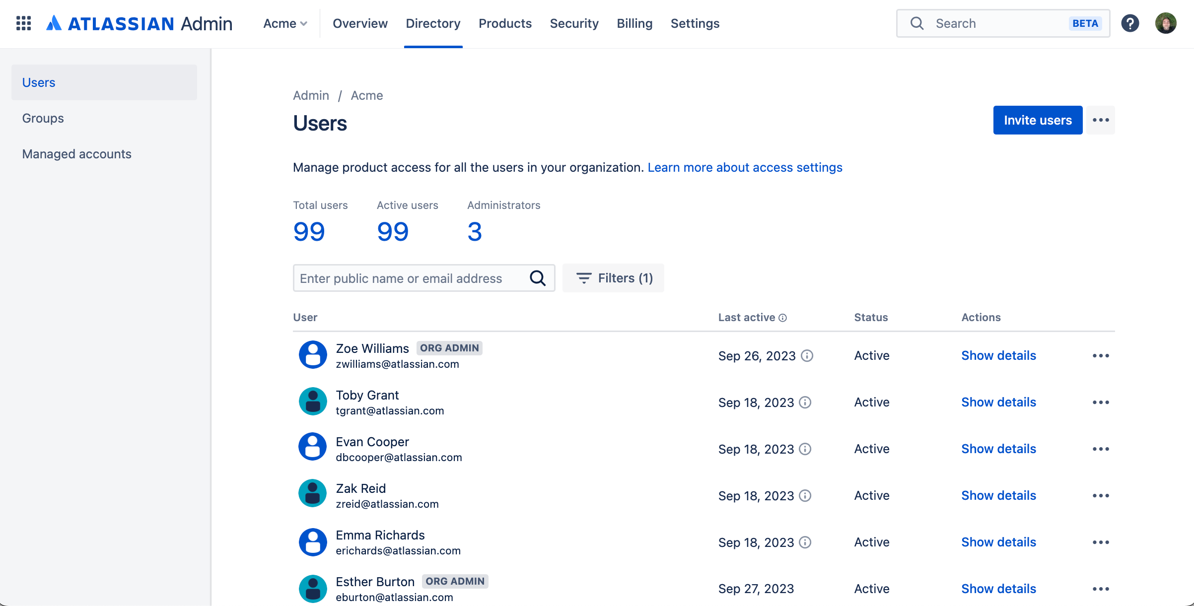 Users view in admin.atlassian.com