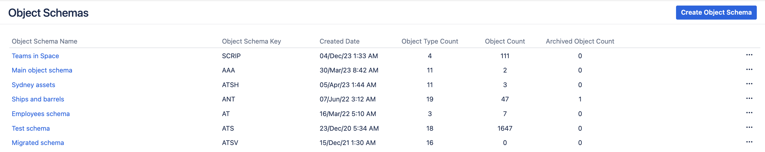 List of object schemas in Assets.
