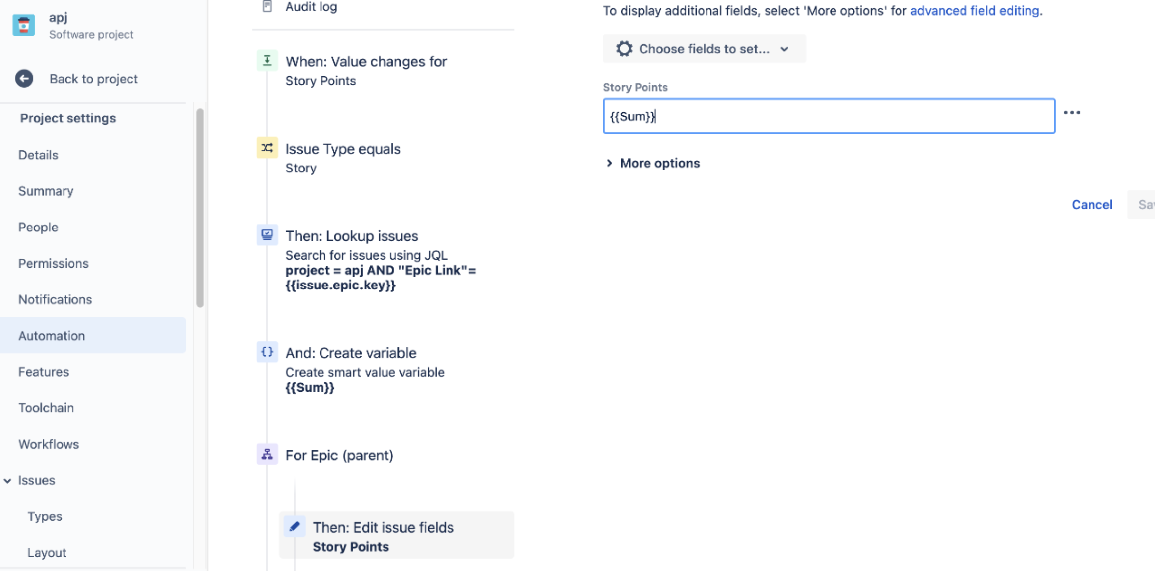 Automation rule to calculate sum of story points from child on EPIC