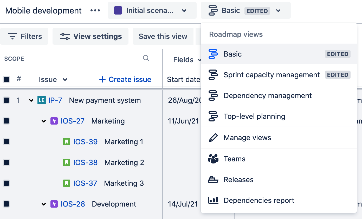 The preconfigured views that come with Advanced Roadmaps for Jira Software Cloud