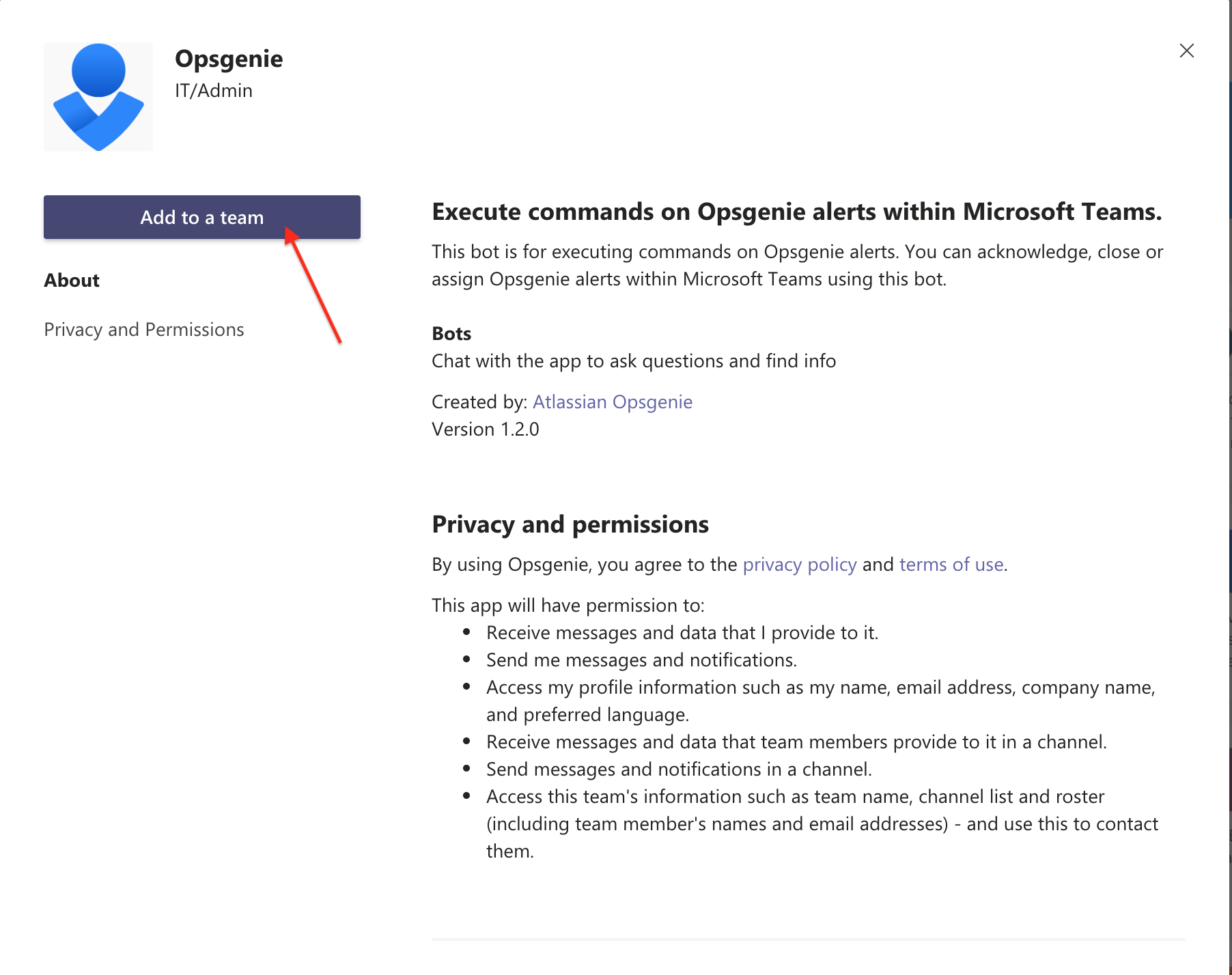 Microsoft Teams add Opsgenie app