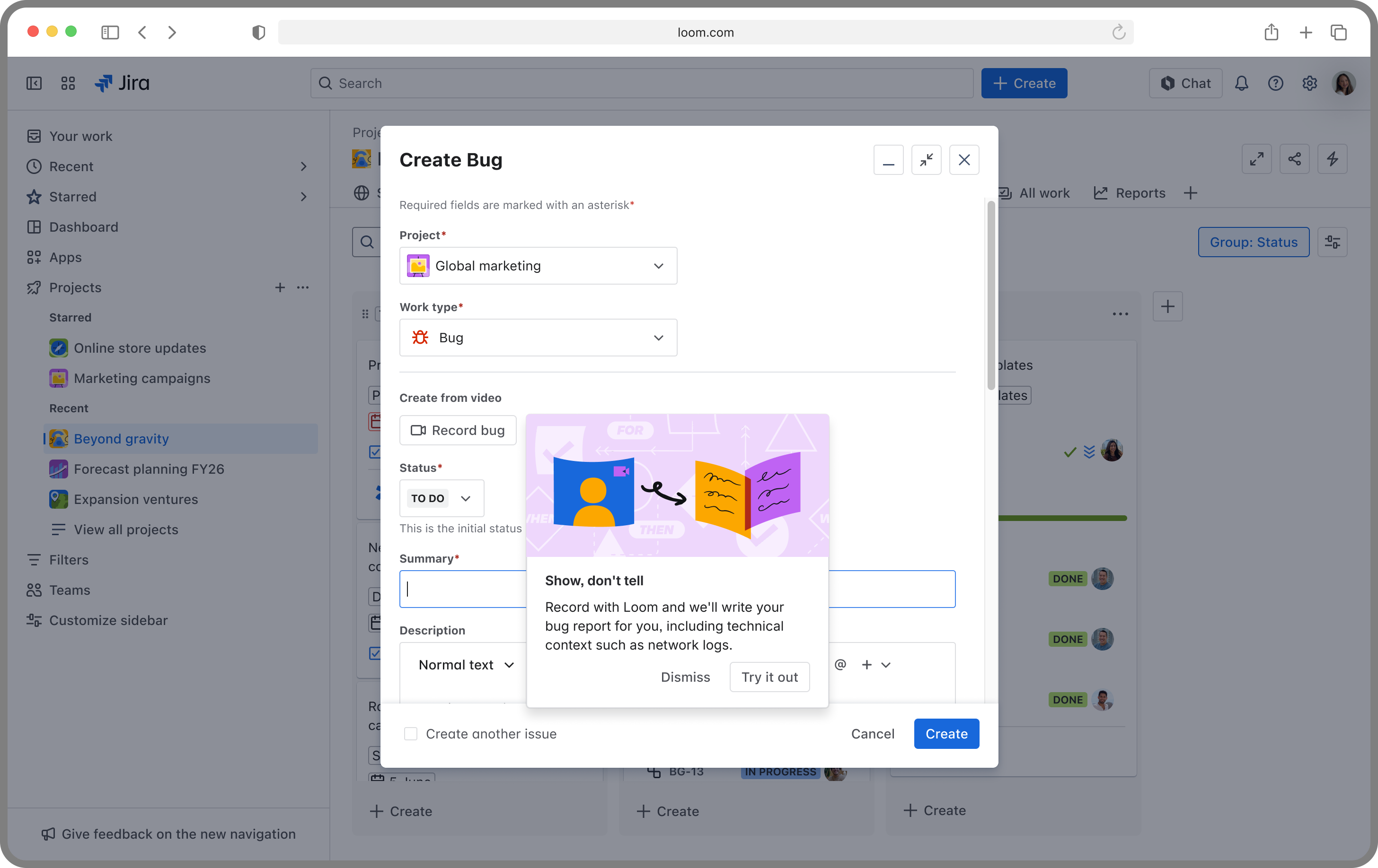 alt="Record a Loom video to populate description from issue view"