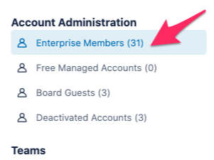 Trello Enterprise admin dashboard showing the Enterprise members section.