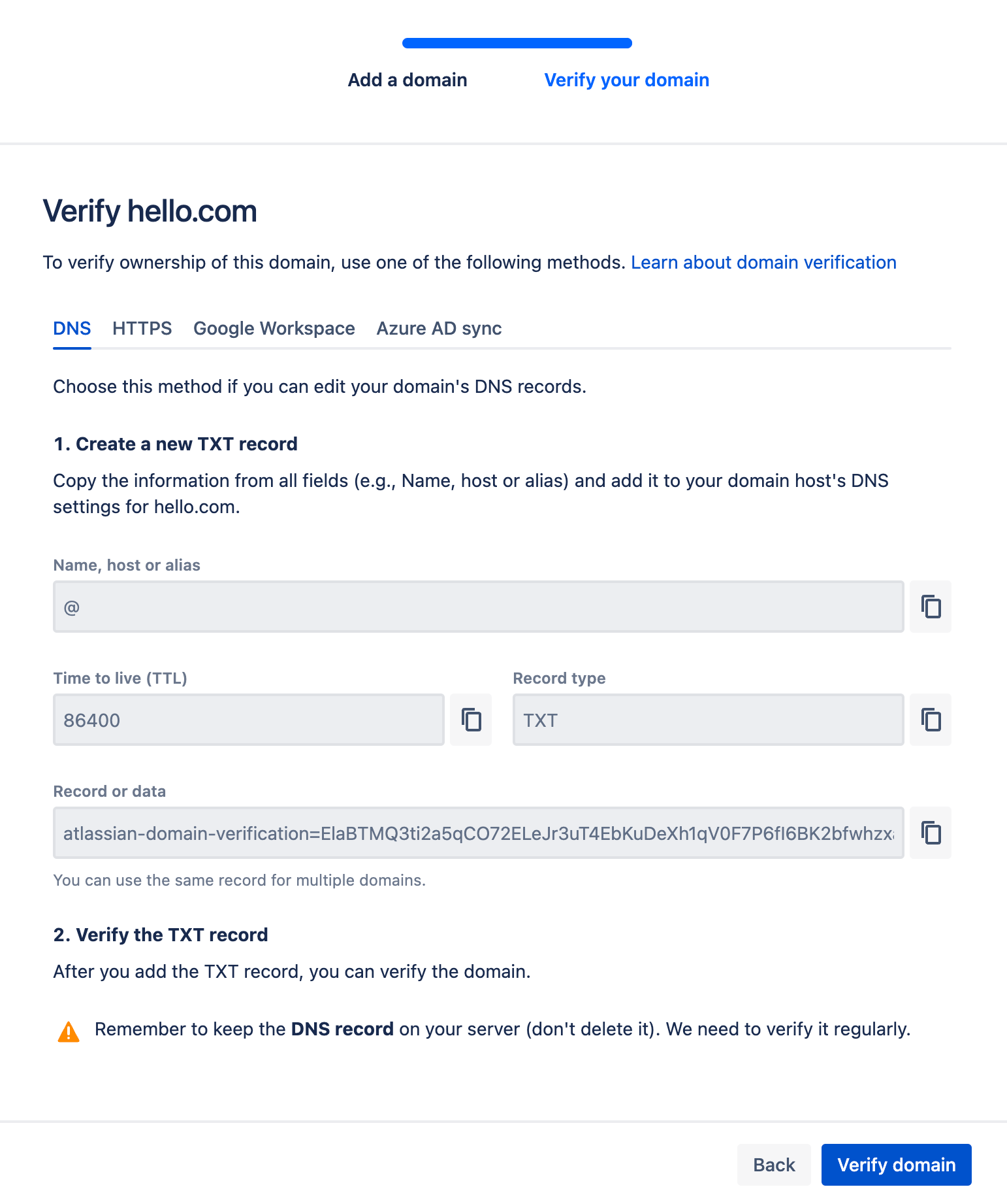 Verify domain screen where you enter a domain and we check to verify your ownership of the dokmain