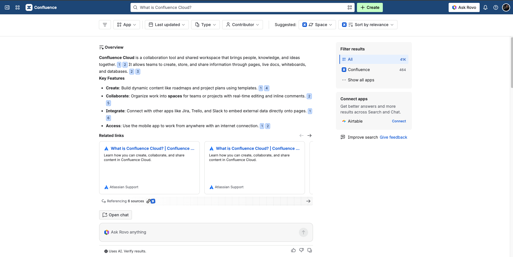 Confluence Cloud search results with AI overview answering 'What is Confluence Cloud?' and the Ask Rovo prompt.