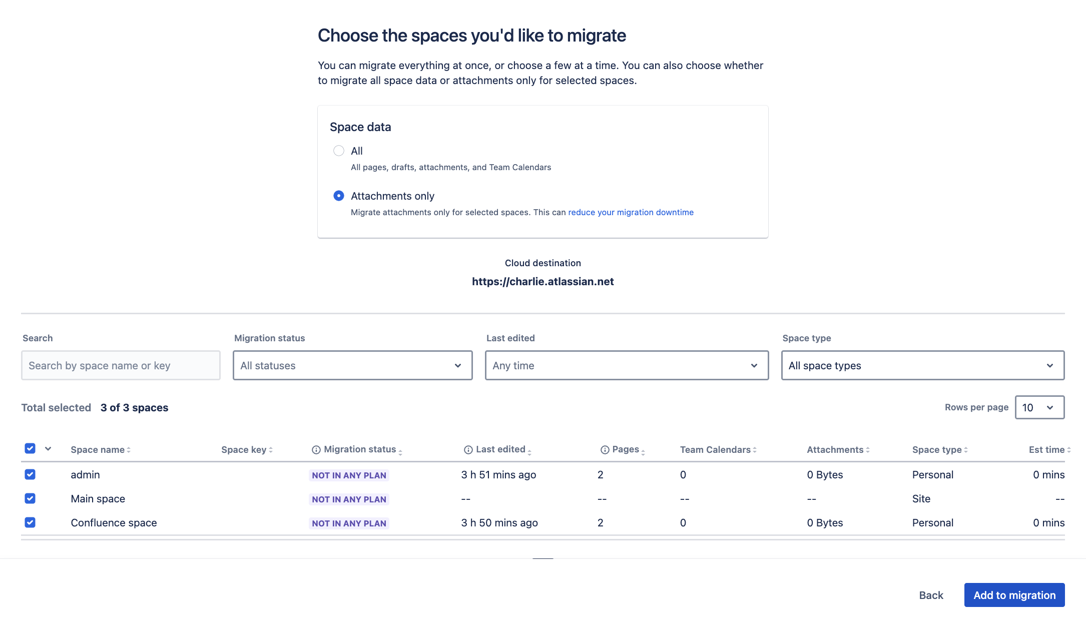 Selecting spaces in the migration assistant, with the 'Attachments only' option selected.