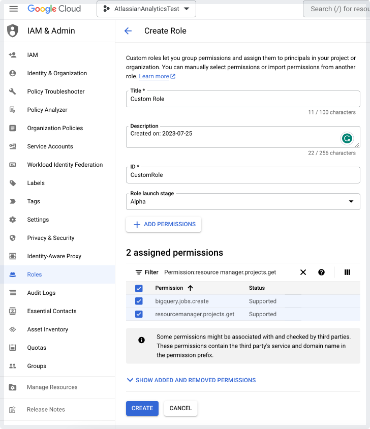 Completed form for new custom role with two permissions